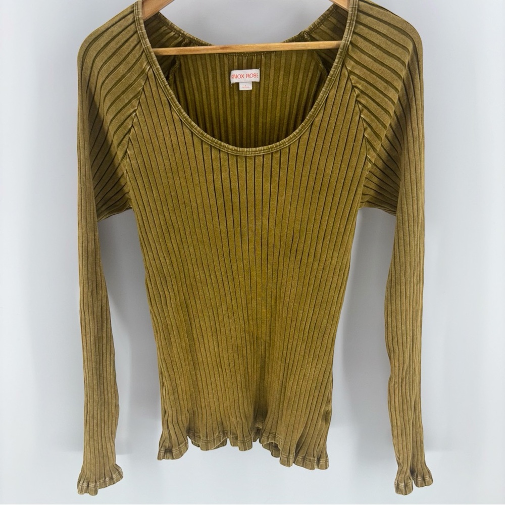 Knox Rose Womens Y2K Top Large Olive Stretchy Long Sleeve‎ Ribbed